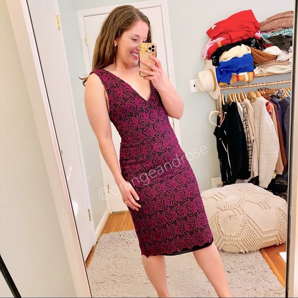 Alice + Olivia Purple Black Lace Floral Intricate V Neck MIDI Gown Dress Event 6